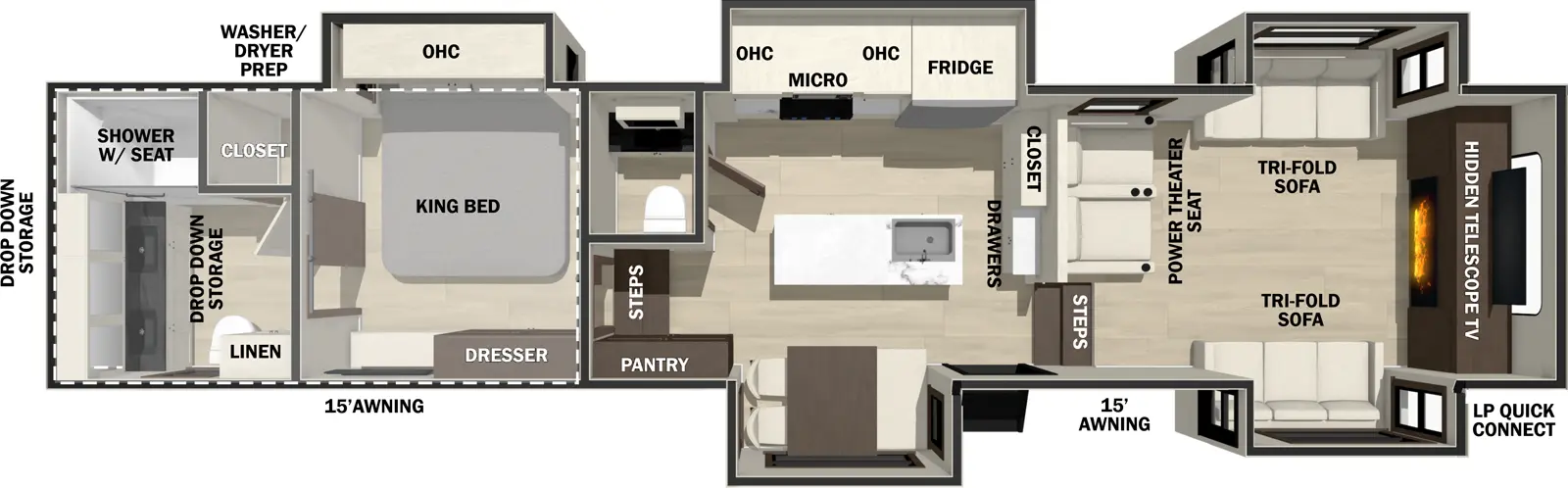 The Cedar Creek 370FL floorplan has one entry and five slide outs. Exterior features include: fiberglass exterior and 15' awning. Interiors features include: kitchen island, front living, rear bathroom and bathroom and a half.
